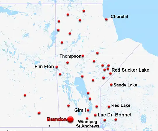 Map showing the location of Brandon in Manitoba